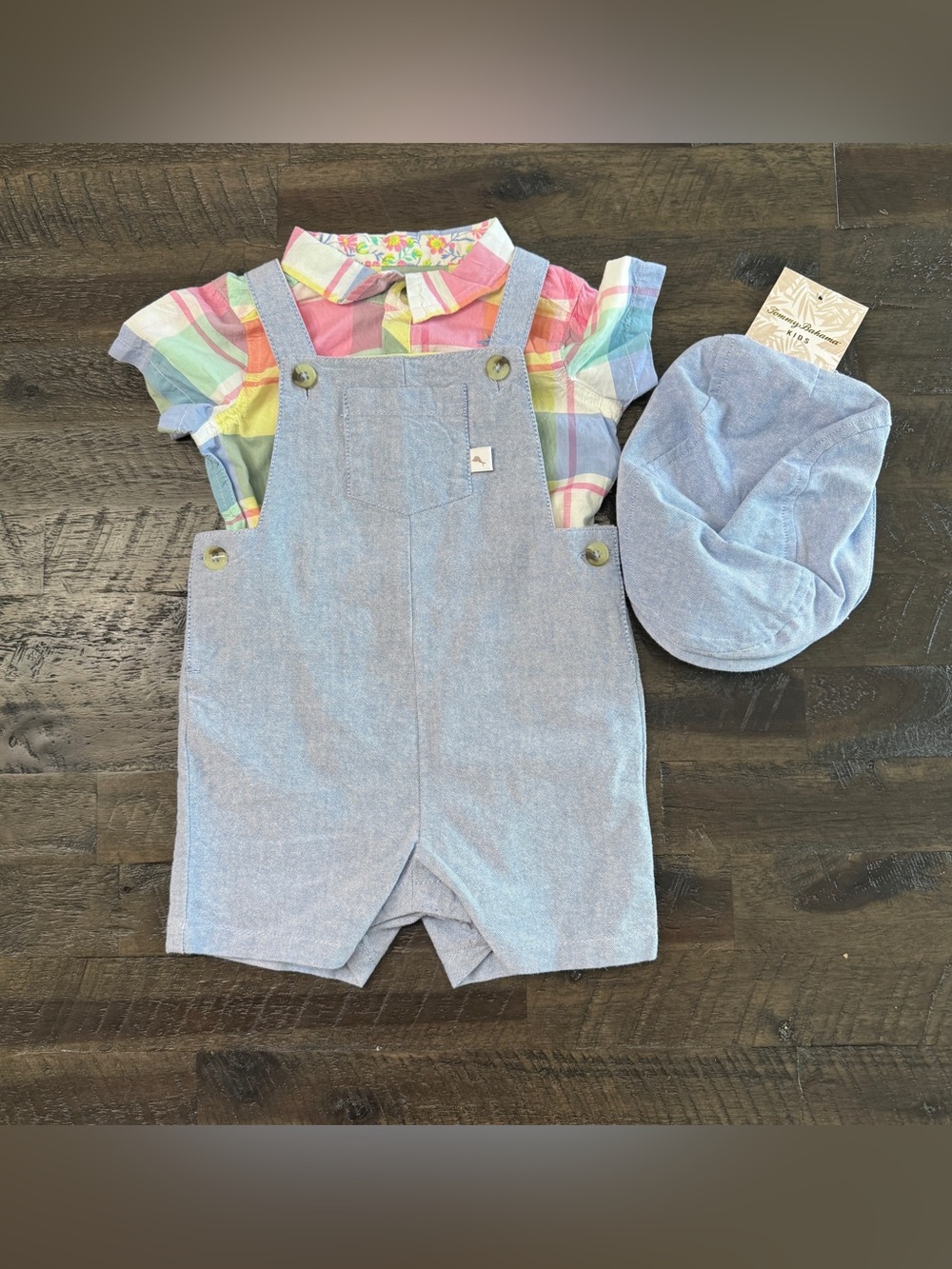 NWT 12m Tommy Bahama Baby Boy Pastel Plaid Shirt with Chambray Overalls & Cap